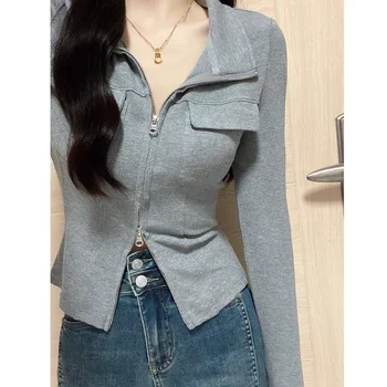 Camicia con colletto POLO da donna in autunno inverno Top corto a maniche lunghe unico e sottile
