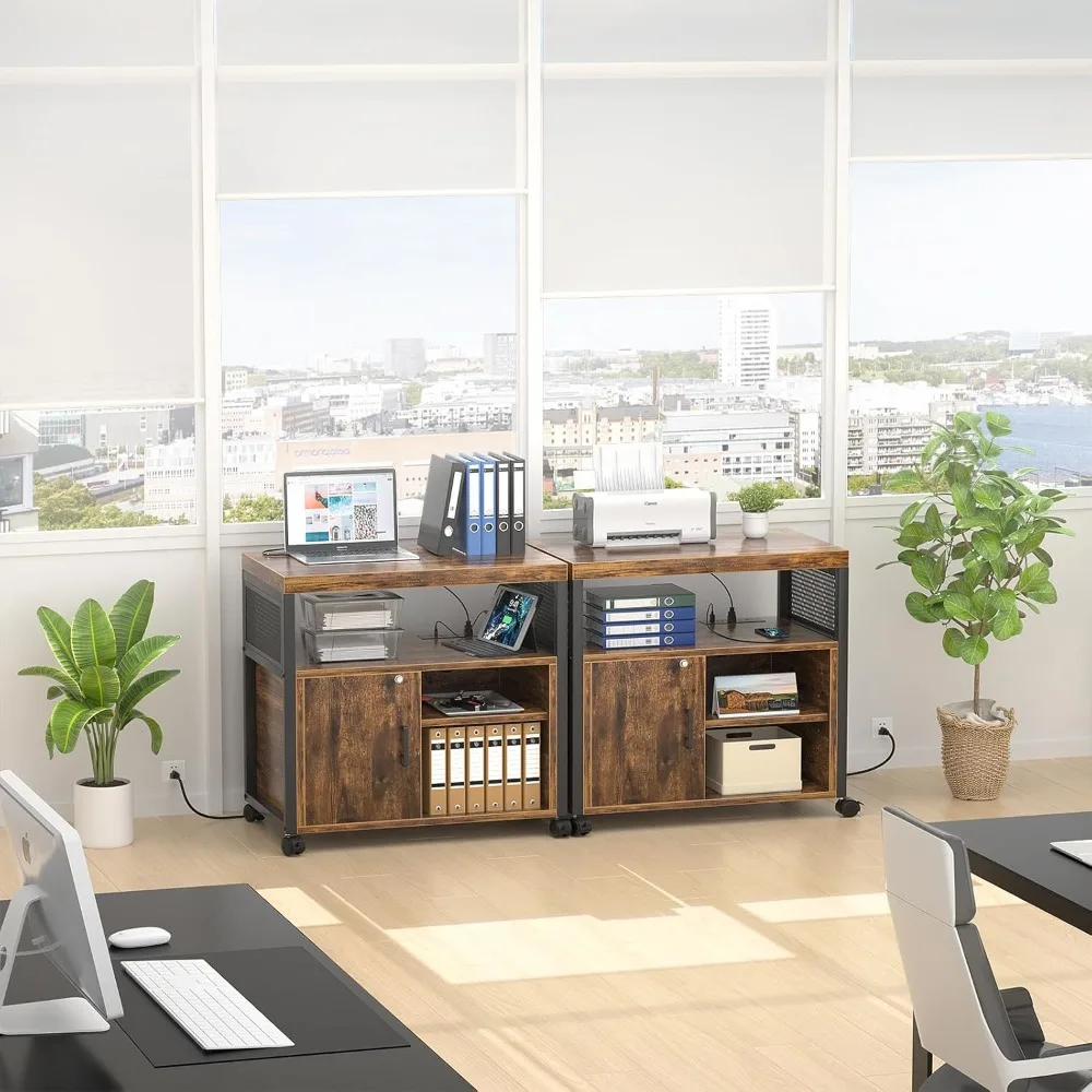 lateral file cabinet, locking office filing cabinets with socket and usb charging port, modern rolling printer stand with stora