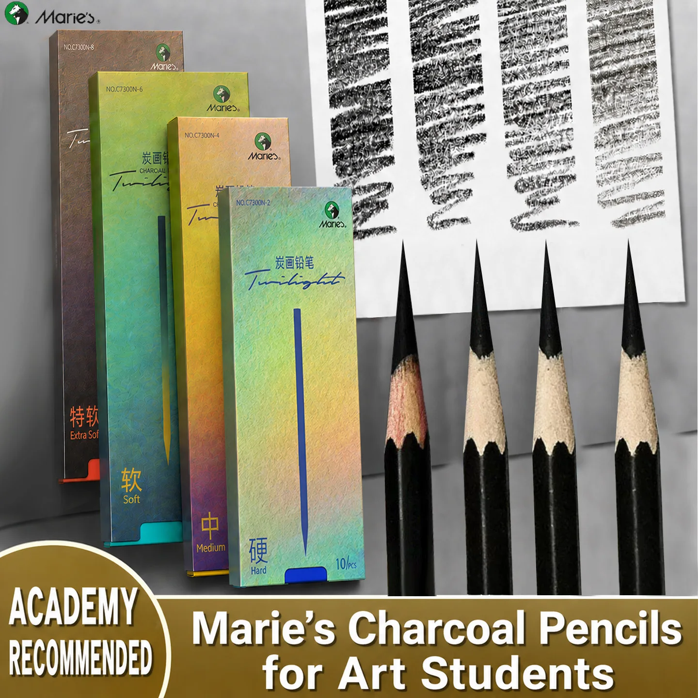 Marie's Sketch Charcoal Pencil 10Pcs Soft / Medium/Hard/ Extra-soft Drawing Pencils Set Carbon Pencils for Kit Sketching Shading 1
