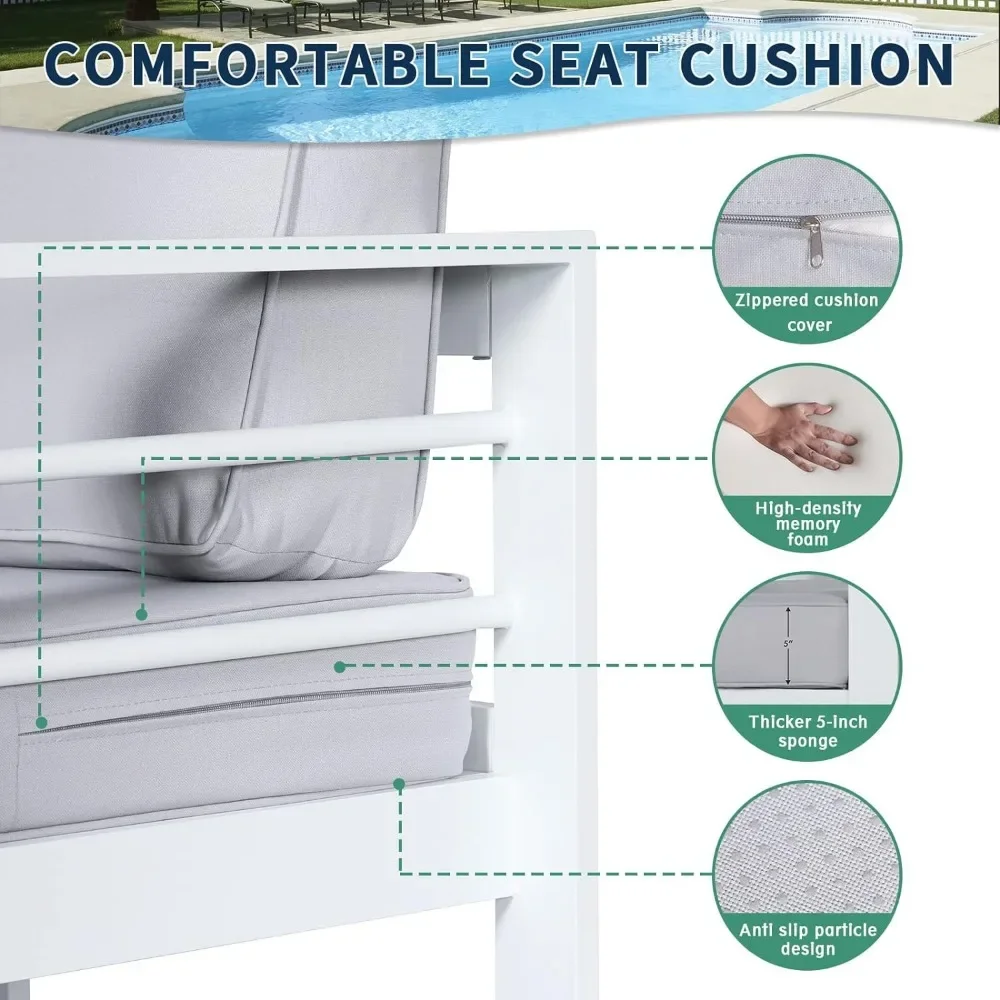 Patio Furniture Metal Couch, 3-Seat All-Weather Modern Aluminum Outdoor Sofa Chair w/ 5 Inch Cushions, White and Light 4