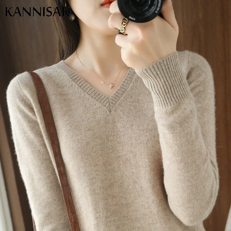 

Autumn Winter Women Sweater Solid V-neck Korean Fashion Knitted Long Sleeve High Strecth Pullovers Basic Warm Bottoming Shirt