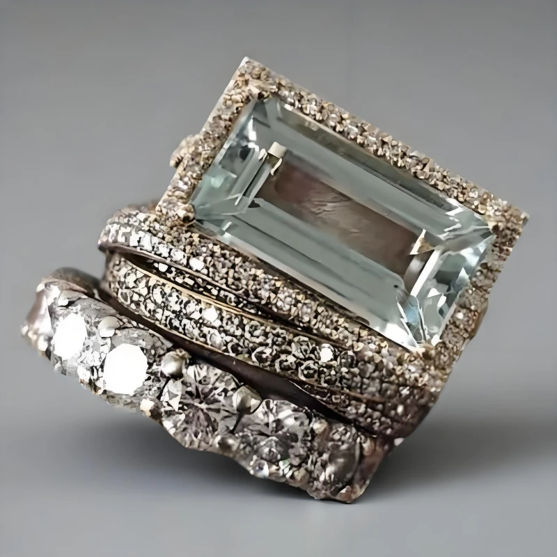 Blue Square Zircon Three-Piece Ring Set - Fashion Jewelry for Women