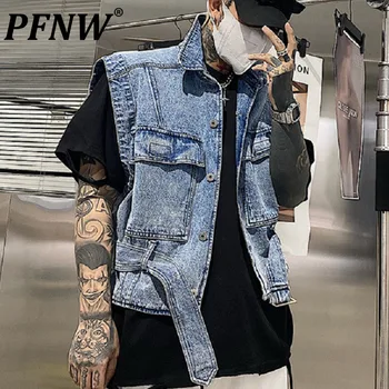 PFNW 남성용 카고 포켓 데님 조끼, 개성 패션, 멋진 하이 스트리트 타이드, 시크 슬림 재킷, 봄 가을 신상, 12A7784