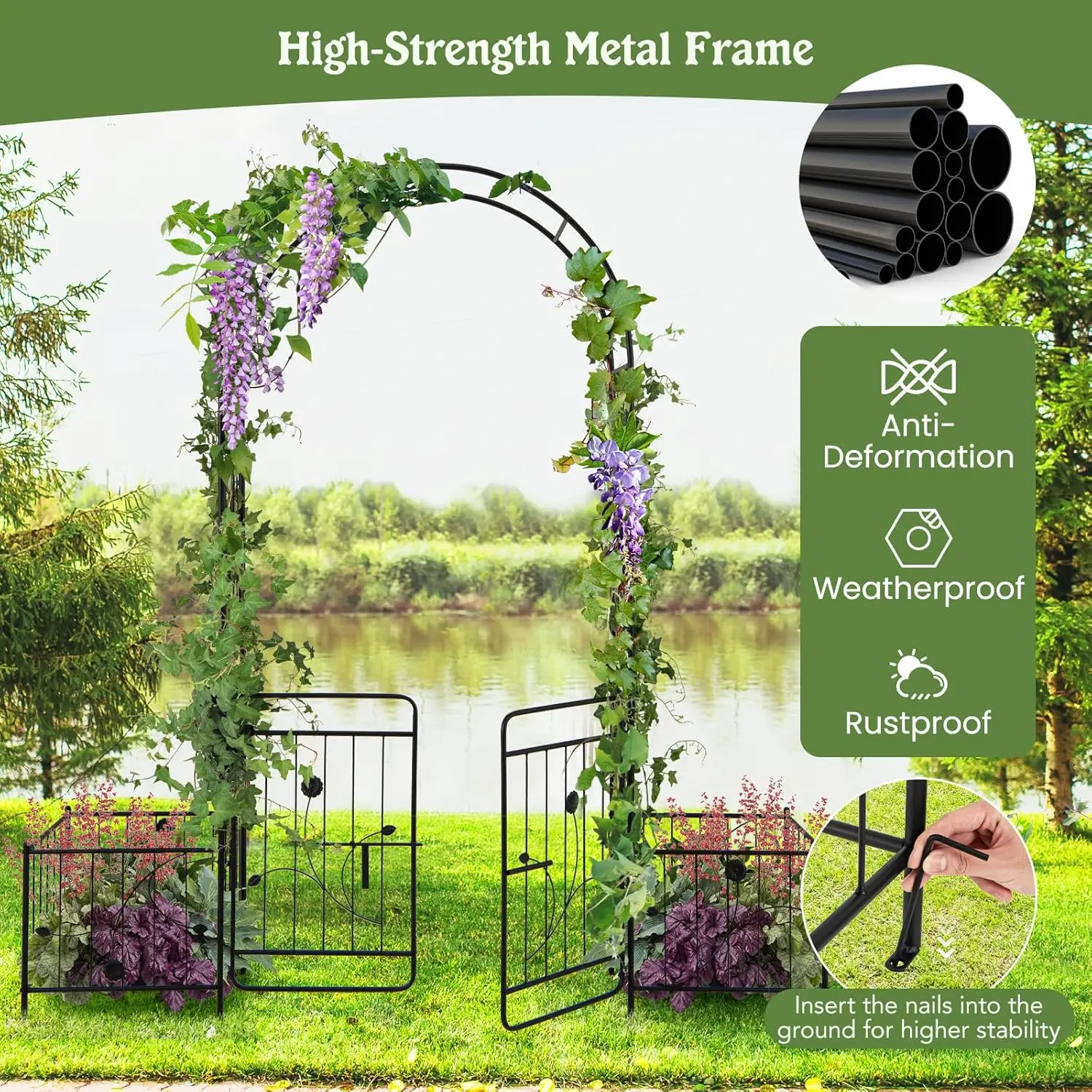 87-Inche Garden Arbor with Gate & Side Planter Box, Metal Garden Arch with Lockable Gate, Arched Top Arbour, Heavy-Duty Arched