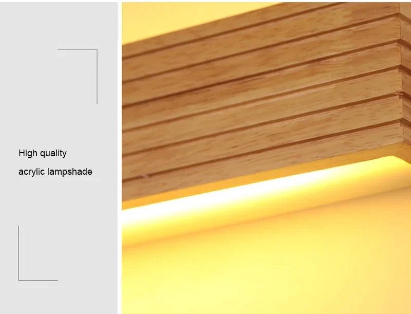 Close-up of a layered Rectangle Wooden Wall Light with a warm, glowing light, embodying Scandinavian design. The text on the image reads, "High quality."

