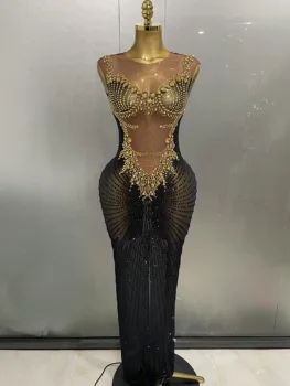 Sexy Sparkly Rhinestones Sleeveless Long Dress 2025 New Women Birthday Celebrate Evening Photo Shoot Stage Performance Costume 1