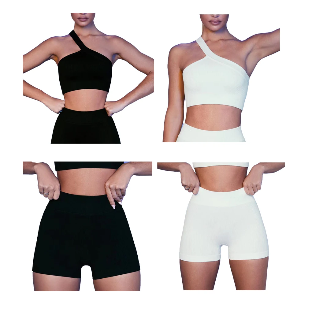 

2 Pieces Exercise Outfits Skin Friendly Shockproof Sweat Proof Shorts with One Shoulder Leggings Crop Tops Black Bra L