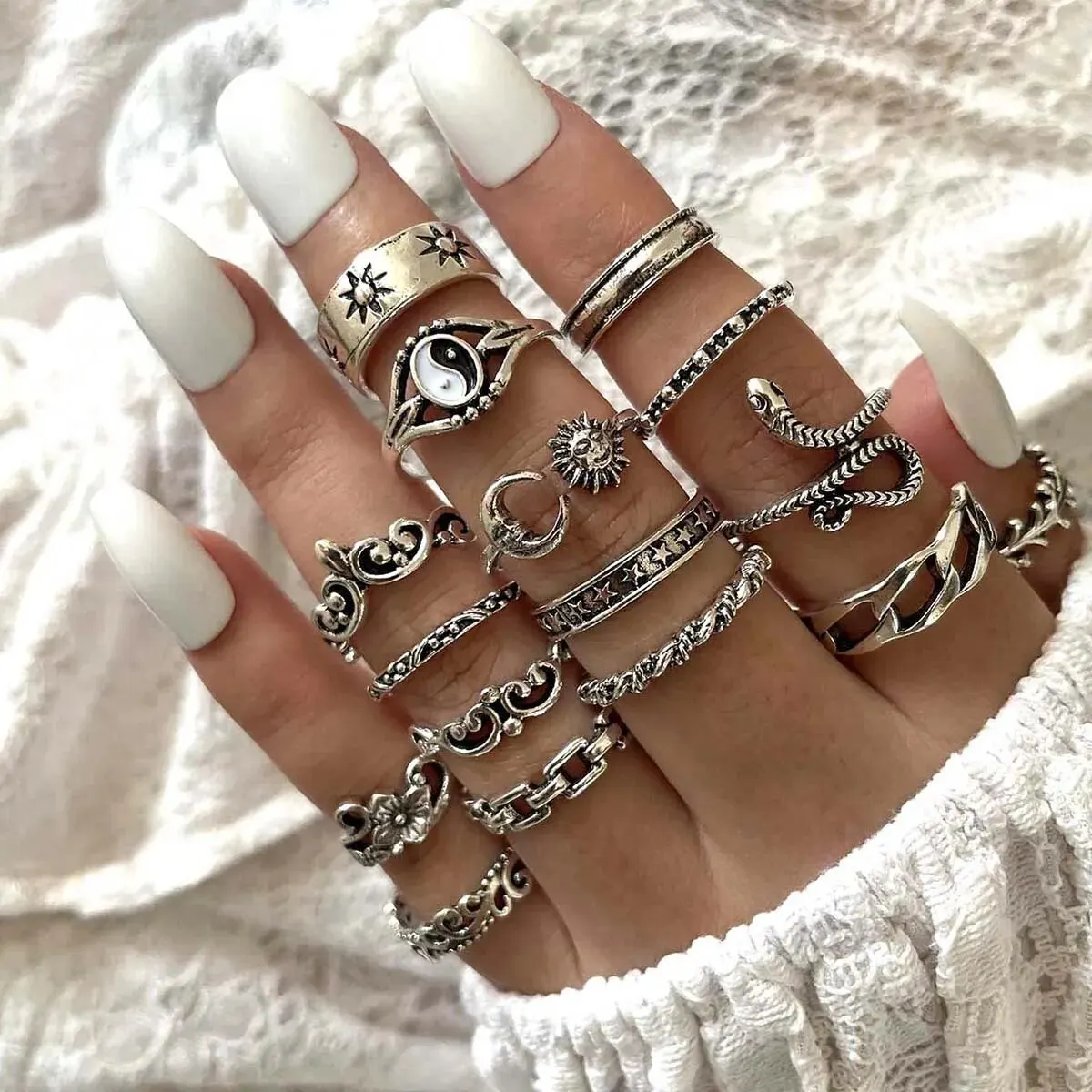 Retro Bagua Sun Moon Snake Leaf Flower Joint Ring Set 16Pcs/set