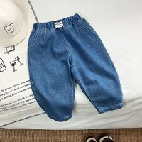 2024 New Denim Blue Versatile Toddler Baby Jeans Solid Trendy Korean Style Spring Children Boys Grils Pants 1