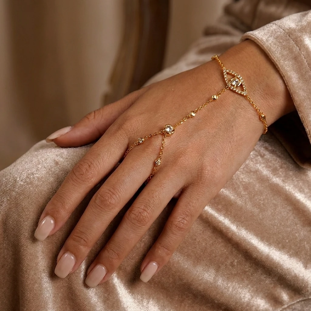 Elegante Zirkon-Augen-Handkette für Damen, zartes Kupfer-Verbundring-Armband, Fingerschmuck