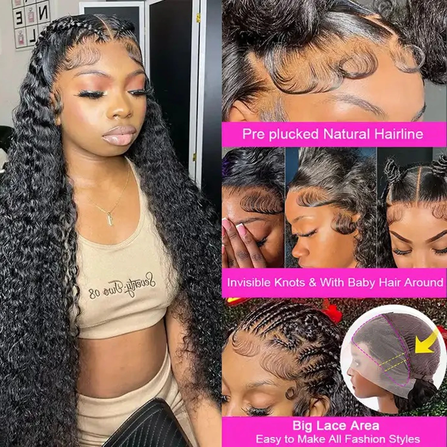 GDYLUXURY 30 Inch Deep Curl Wig Human Hair Double Drawn Deep Water Wave HD Lace Frontal Wig Brazilian Remy for Women 200 Density