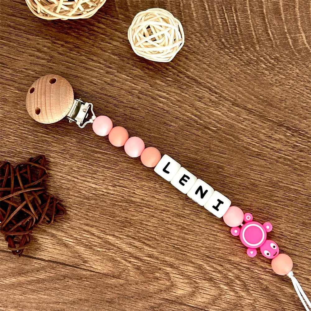 Personalized Name Pacifier Chain with Colorful Beads, Animal Charms & Wooden Clips