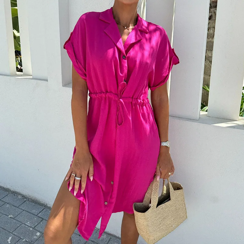 

Casual Single Breasted Split Party Dress Office Lady Lapel Solid Color Shirt Dress 2024 Summer Short Sleeved Lace Up Midi Dress