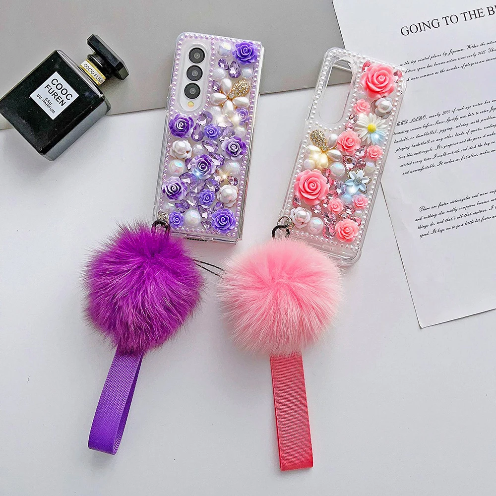 Custodia Per Telefono Trasparente Floral Rose Pearl Daisy Bling, Diamond Hairball Gemstone 3D Per Samsung Galaxy Z Fold4 Z Fold3 Gemstone