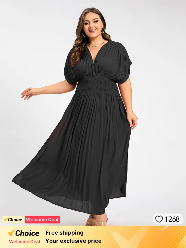 

Plus Sized Clothing V-Neck Batwing Sleeve Pocket Ruched Waist Maxi Dress Elegant Club Evening Dress 2024 For Women