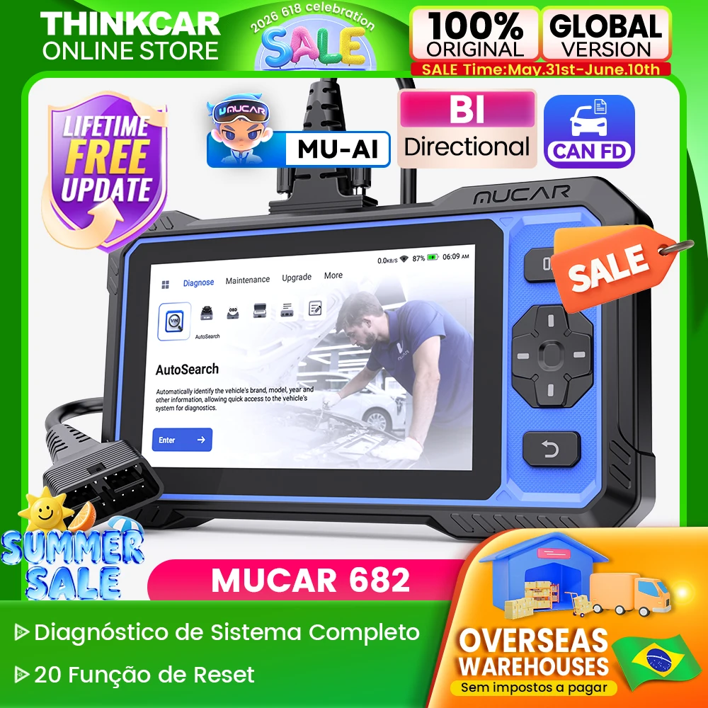 Do Brasil Versão global MUCAR 682 Ferramentas de diagnóstico automotivo com IA, scanner OBD2, protocolo CAN FD, sistema completo, 20 reinicializações, bidirecional, garantia vitalícia GRÁTIS