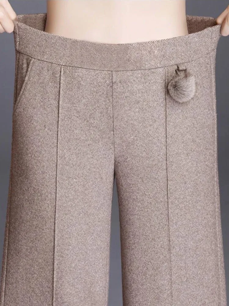 우아한 모직 혼합 넓은 다리 바지 사무실 레이디 높은 허리 스트레이트 Pantalones 가을 겨울 발목 길이 대형 4xl 바지