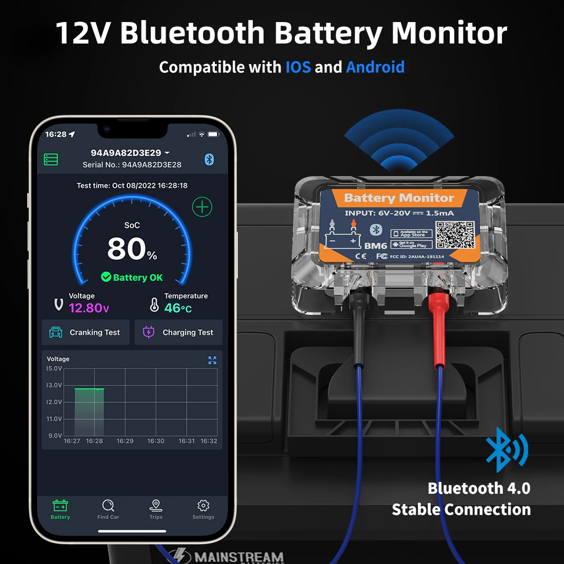 QUICKLYNKS BM6 Bluetooth 4.0 Car Battery Monitor 12V Battery Tester Charging Cranking Test Battery Analyzer APP for Android IOS 3