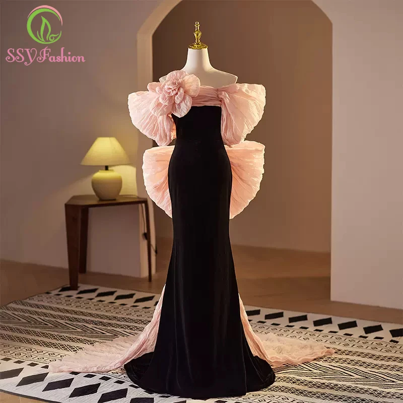 

SSYFashion New Black Velvet Mermaid Evening Dress Sweet Pink Flower Fishtail Elegant Formal Gowns for Women Vestidos De Fiesta