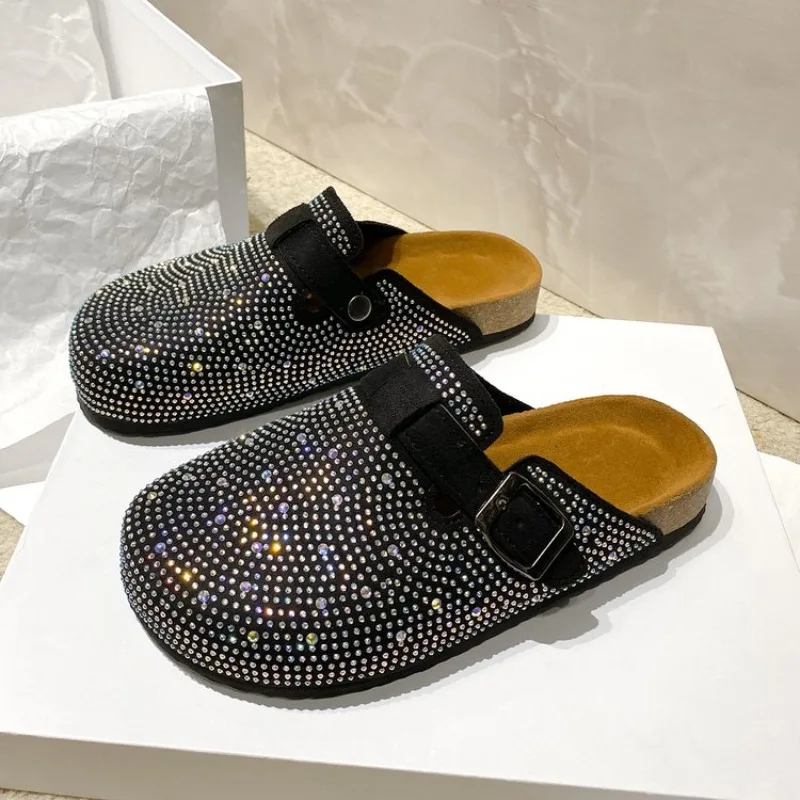 Shiny Rhinestones Outdoor Slippers Women's Shoes 2024 Summer Trend Luxury Platform Sandals Black Buckle Cork Clog Luxury Mules 2