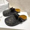 Shiny Rhinestones Outdoor Slippers Women's Shoes 2024 Summer Trend Luxury Platform Sandals Black Buckle Cork Clog Luxury Mules 2