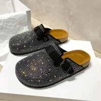 Shiny Rhinestones Outdoor Slippers Women's Shoes 2024 Summer Trend Luxury Platform Sandals Black Buckle Cork Clog Luxury Mules 2