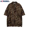 Leopard Print Short Sleeve Cotton Tee Mens Summer High Street Loose Lapel Single Breasted Half-Sleeve Tshirt Men 1