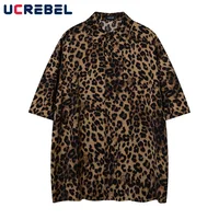 Leopard Print Short Sleeve Cotton Tee Mens Summer High Street Loose Lapel Single Breasted Half-Sleeve Tshirt Men 1