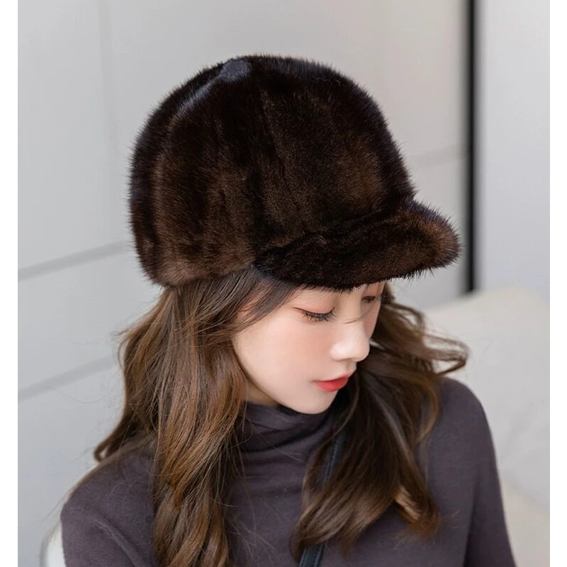 Winter High Quality Real Mink Fur Bomber Hat For Women Black Tag Ear Warm Chapeau Driving Cap