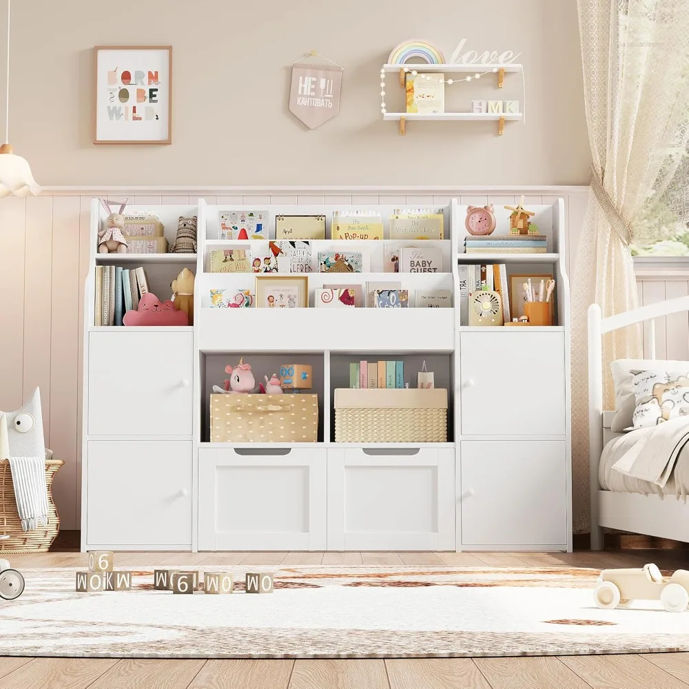Children's Bookcases Toy Organizers and Storage with 8 Storage Cubbies and 2 Movable Drawers Toy Shelf Organizer 2