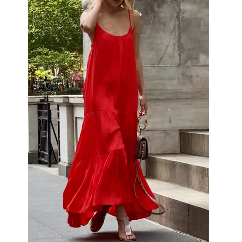 

Summer Lady Solid Sexy Pleated Low Cut Slip Dress Sleeveless Holiday Party Long Dress Women Bodycon Elegant Sundress Boho Red