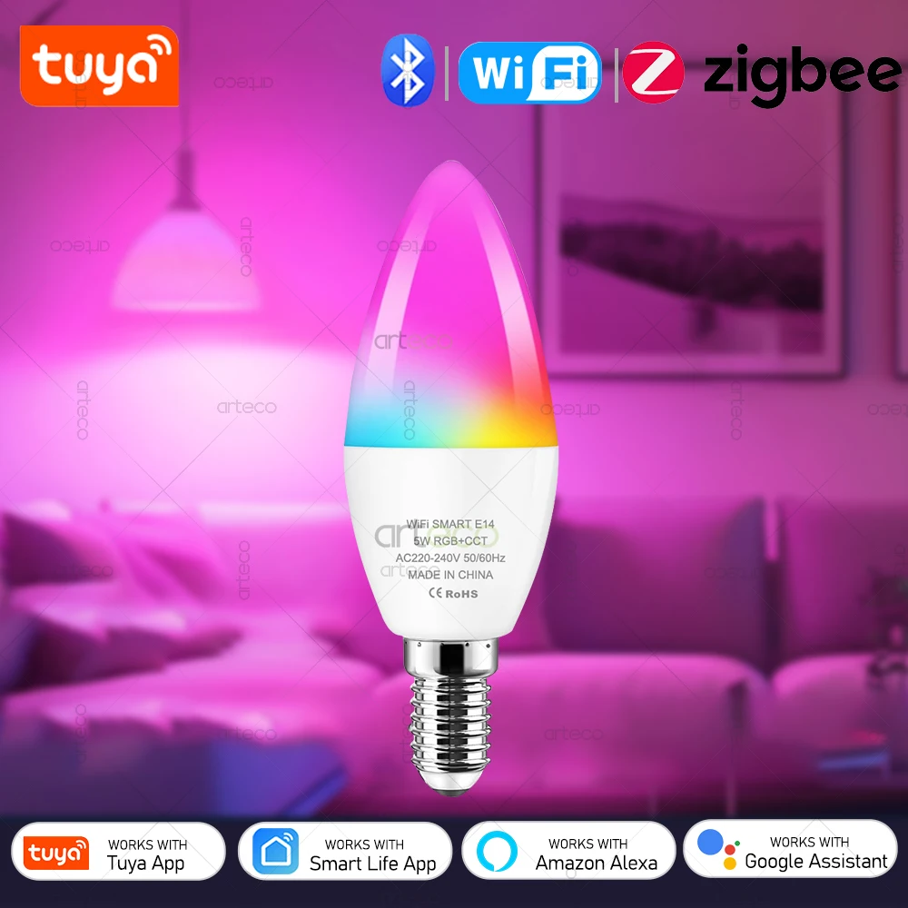 Tuya E14 LED Bulb WiFi Zigbee Bluetooth Optional Dimmable Smart Led Lamp RGBCW Led Light Bulb Work With Alexa Google Home smart led light bulbs