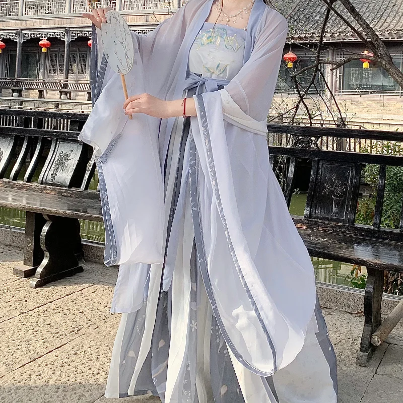 Chinese Style Hanfu Dress Set Women Traditional Elegant Flower Embroidery Princess Dress Tang Dynasty Sweet Dance Stage Costumes