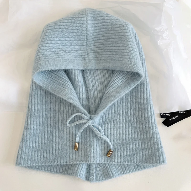 Women Winter Balaclava Knitted  Hats Unisex Hooded Caps Men Outdoor Warmer Drawstring One-Piece Beanies 5