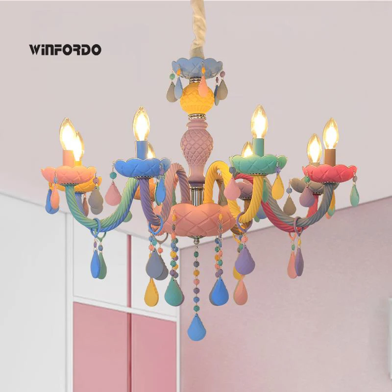 Rainbow Crystal Chandelier 110V/220V European Candle lustres Children's Bedroom Princess Makaron Lamps
