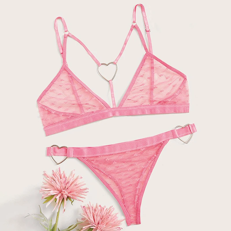 Women Sexy Heart Print Pajamas Set Lace Mesh Transparent Bra + Thongs Set Female Erotic Costumes Ring Linked Porn Pajama Sets