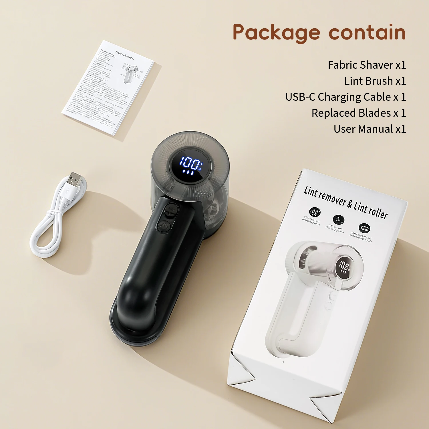 Rechargeable portable electric hairball trimmer, electric fabric hair removal device, with digital display and 3-speed adjustmen