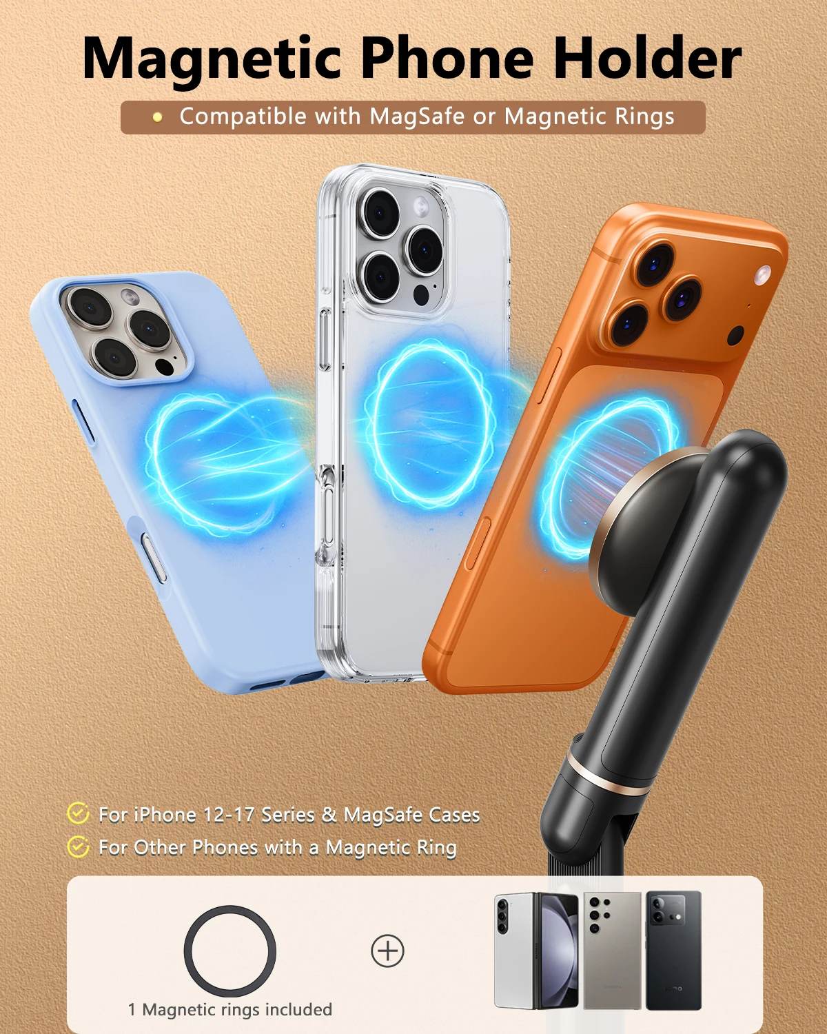 Eary Height Adjustable Magnetic iPhone Stand for Desk & Overhead Phone Holder for Video Recording 360°Rotate for iPhone 17 16 15