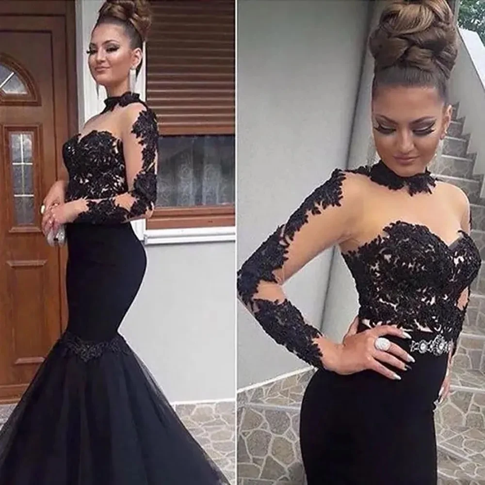 

Evening Dresses Black Prom Party Gown Formal Mermaid Long Sleeve New Custom Plus Size Zipper Lace Up Tulle Applique Illusion