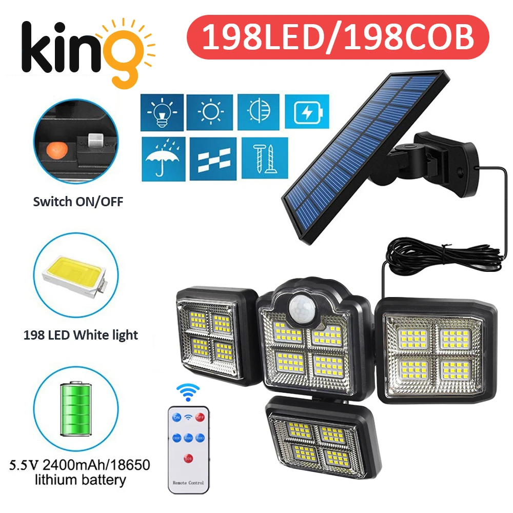 198LED Solar Light lamp Outdoor 3 Head Motion Sensor 270 Wide Angle Illumination Waterproof Remote Control Wall Lamp solar wall lights