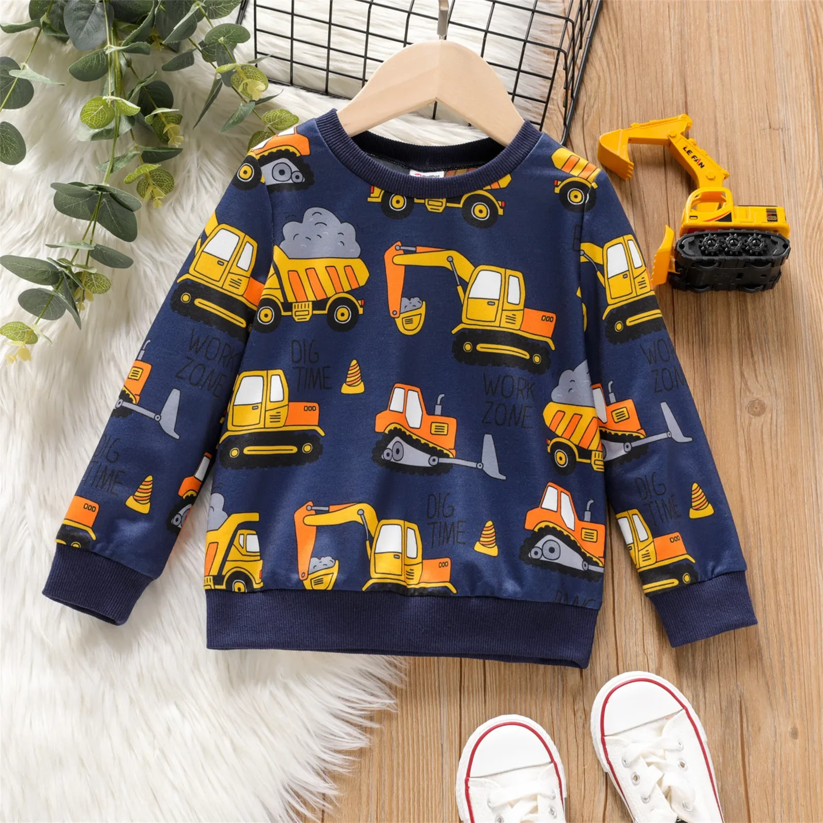Kids Hoodie Sweatshirts Toddler Boy Vehicle Excavator Print Pullover Basic Style For Outings Daily Wear