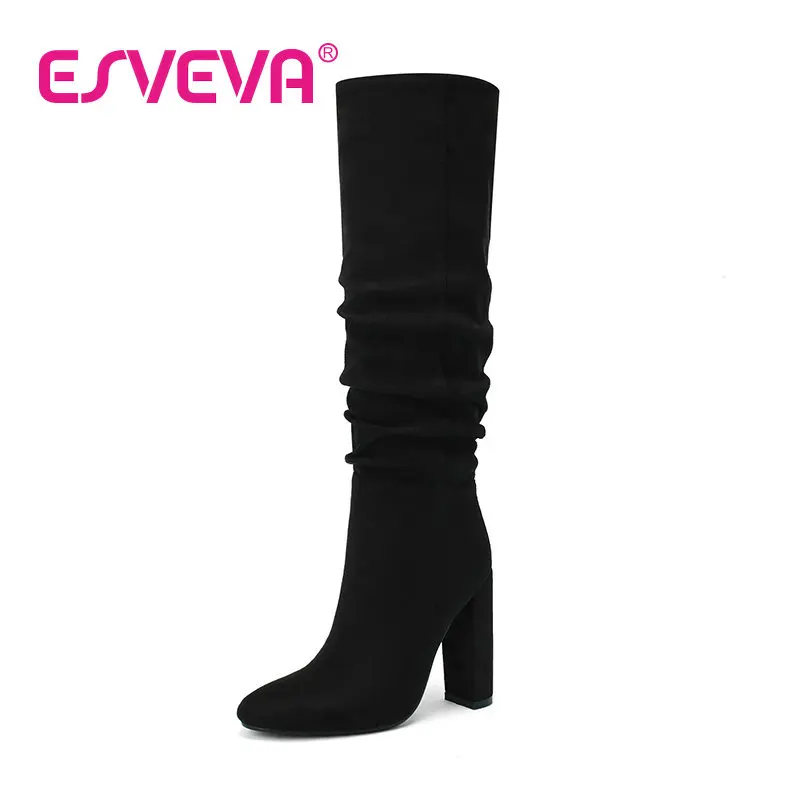 

ESVEVA 2023 Women Western Style Knee High Boots Slip On Microfiber Pointed Toe Motorcycle Boots Nobility Flock Shoes Size 34-43