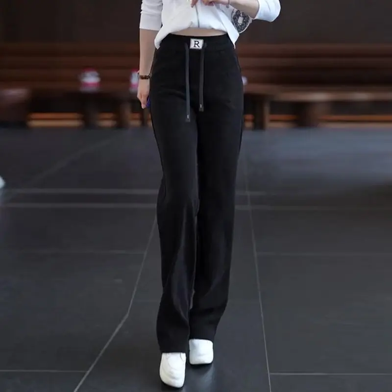 Women's Spring Autumn New Fashion Solid Pocket Drawstring Elastic Strap Casual High Waist Plush Thickened Straight Leg Pants