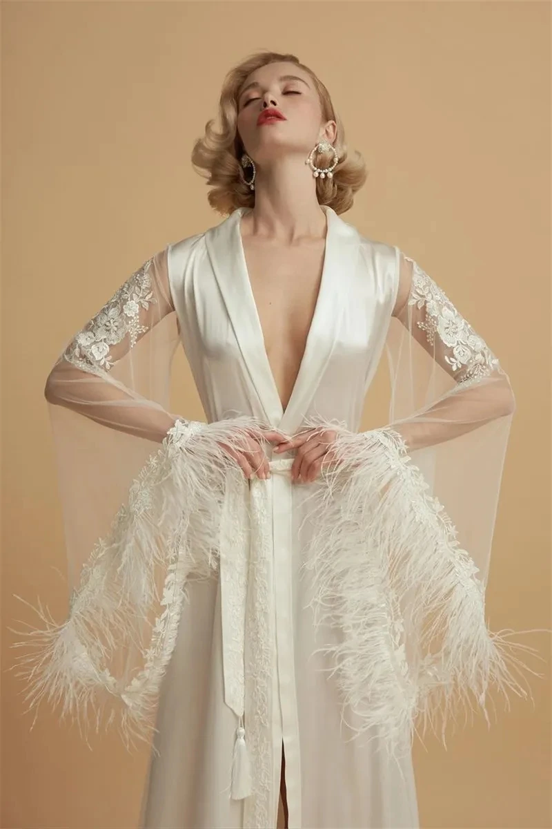 

White Feather Applique Flare Sleeves Bridal Bathrobes With Fur Wedding Sexy Women Dresses Satin Silk Robe Female Night Sleepwear
