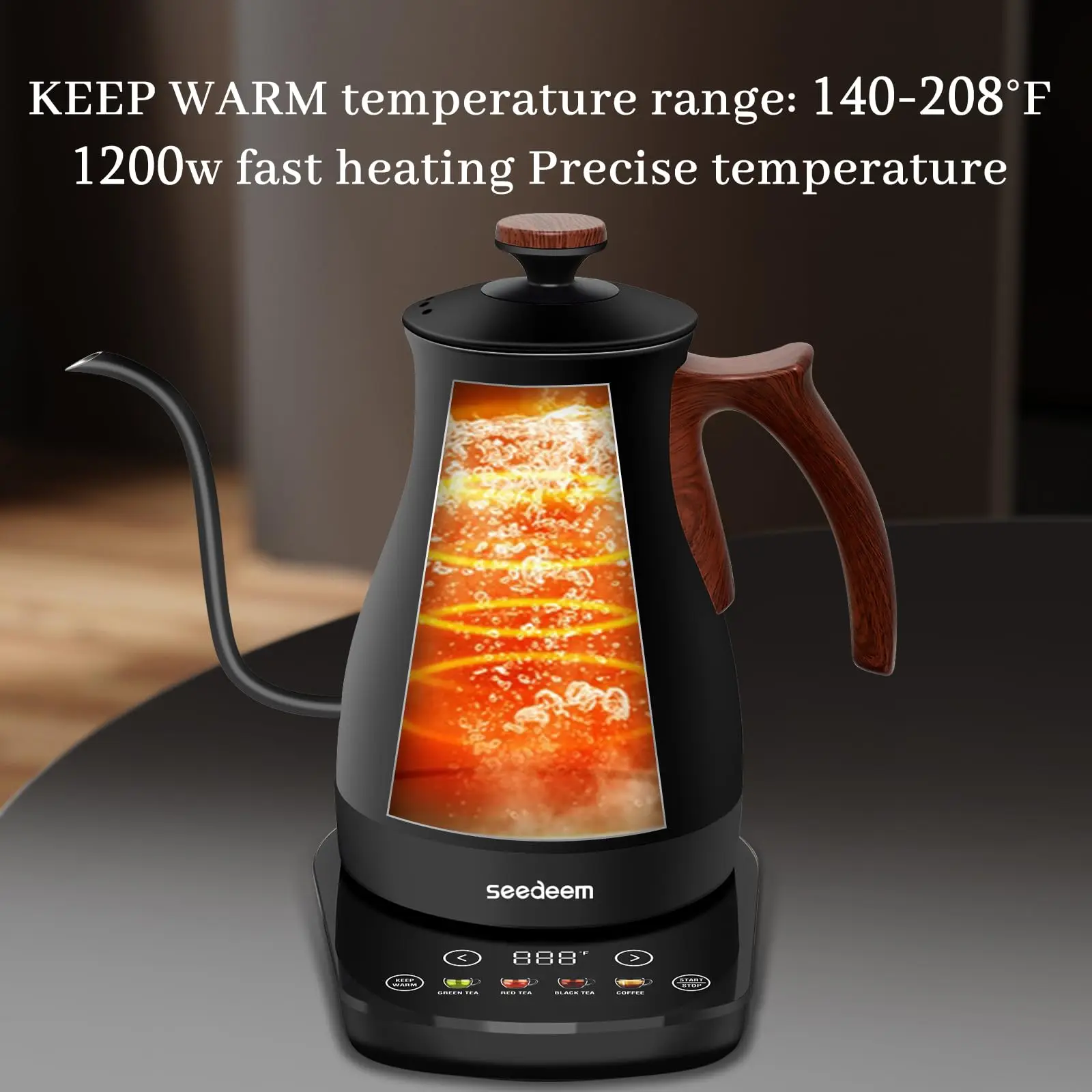 Gooseneck Electric Kettle 1200W Electric Tea & Coffee Kettle with Four Heating Modes Rapid Heating,±1℉ Temperature Control, 2