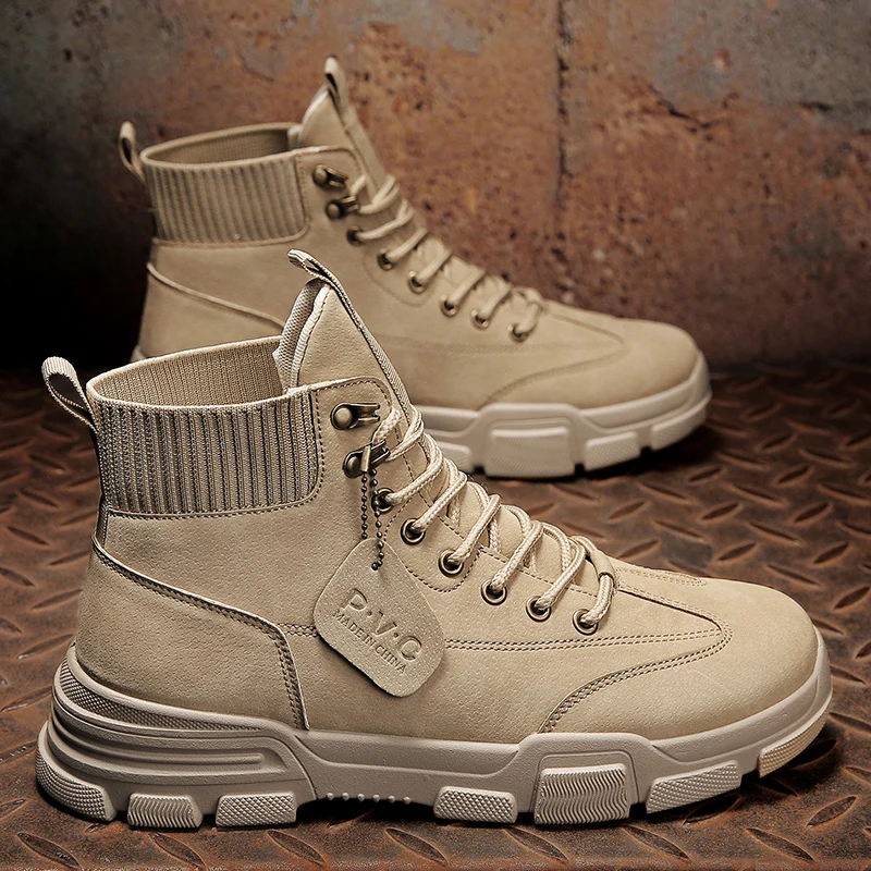 Tanie Wysokie buty męskie skórzane buty moda motocyklowe kostki buty wojskowe dla mężczyzn