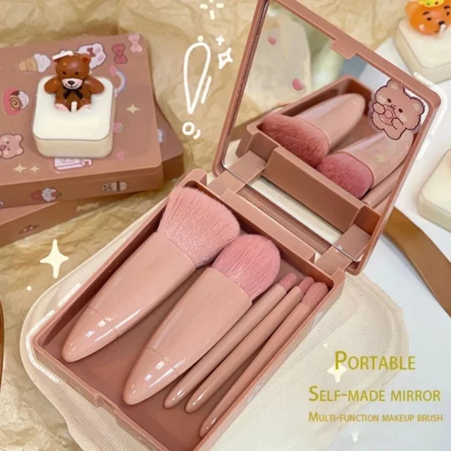 New 5 PCs Cosmetic Brush Portable Makeup Brush Travel With Mirror Box Makeup Set Brush Loose Brush Blush Brush Eyeshadow Brush