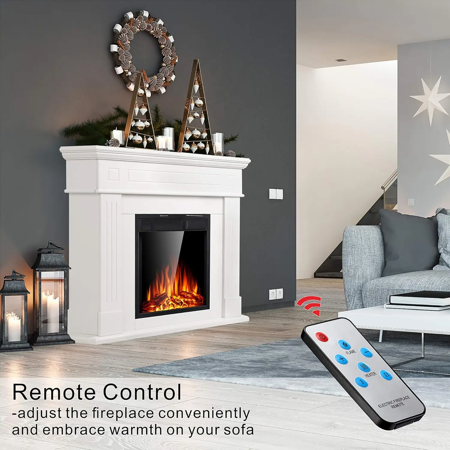 Electric Fireplace Mantel Package Wooden Surround Firebox TV Stand Free Standing  Logs,Adjustable Led Flame,Remote Control,White 3