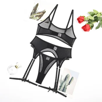 Set reggiseno trasparente da donna Costumi sexy erotici caldi Intimo tinta unita Reggiseno senza cuciture Perizoma Giarrettiere Set di lingerie sexy