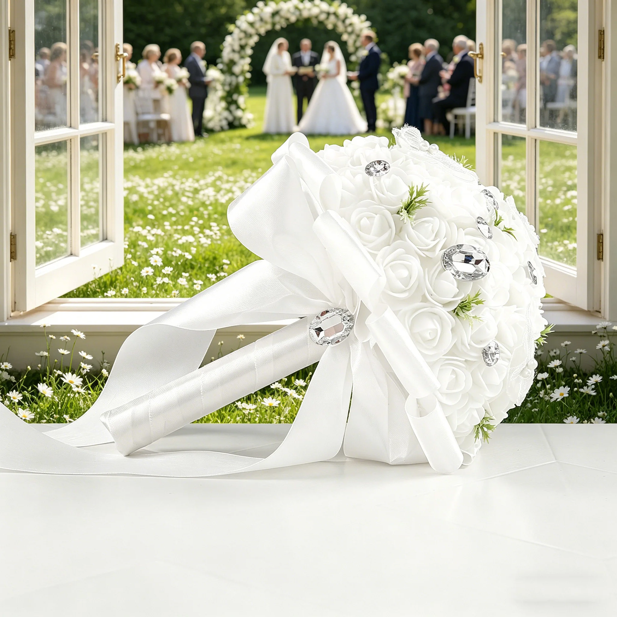 Bouquet da Sposa Classico con Rose, Stile Senza Tempo, Versatile per Vari Scenari Nuziali, Essenziale - Image 4